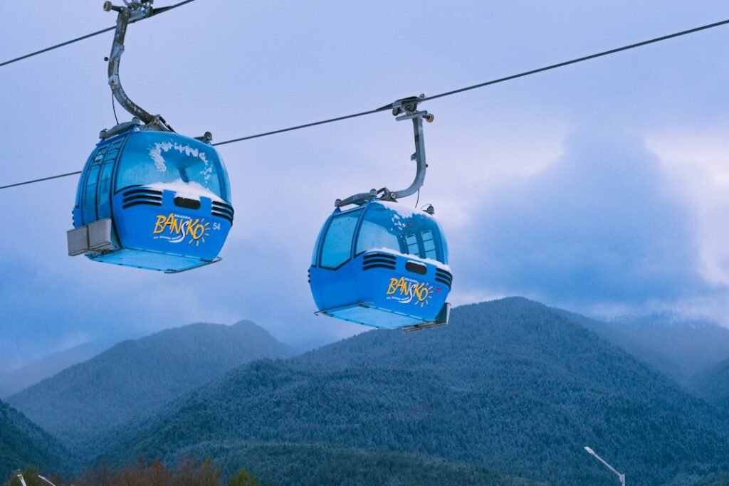 Ski gondolas over the Pirin Mountains near Bansko, Bulgaria