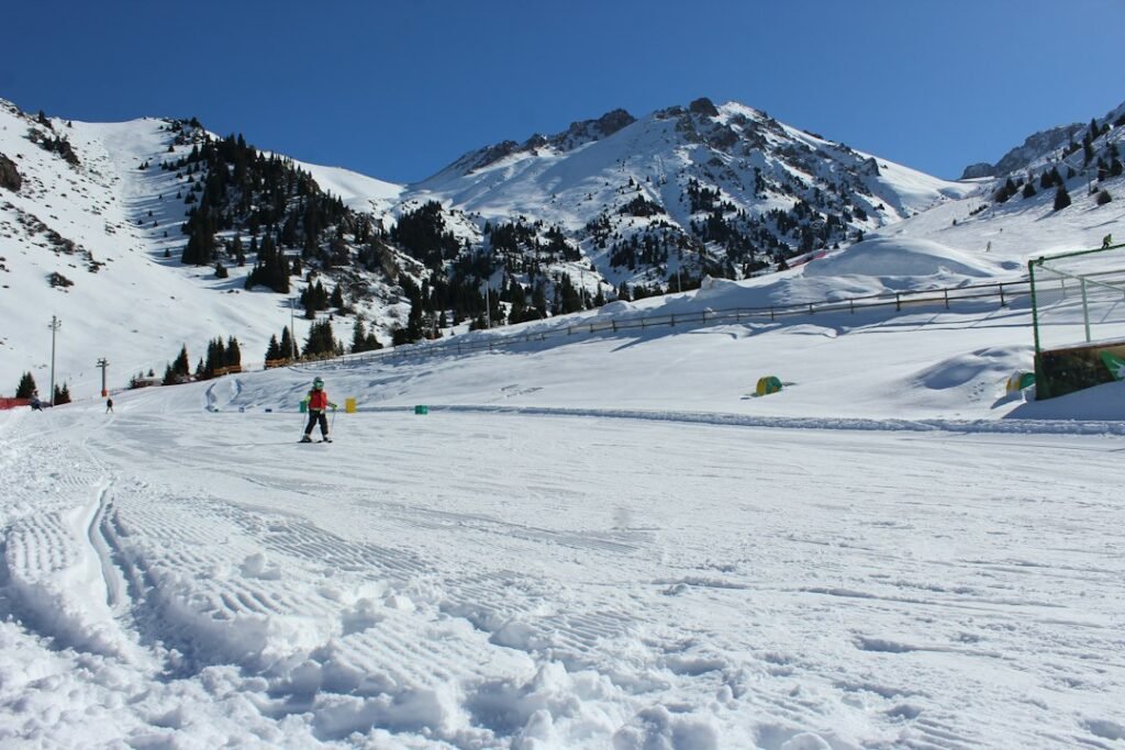Young beginner skier on a gentle ski slope with mountain scenery