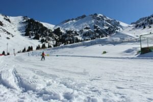 Young beginner skier on a gentle ski slope with mountain scenery