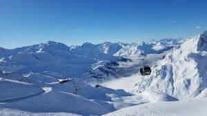 Snow-covered ski slopes and mountain scenery in St Anton, Austria
