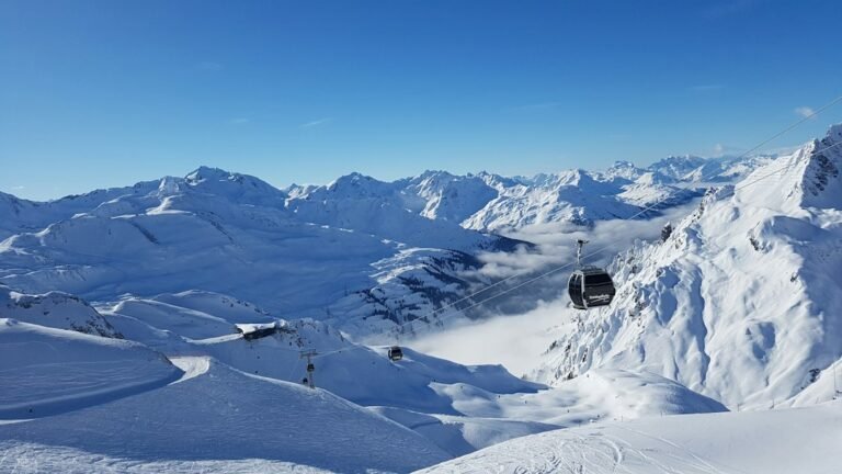Snow-covered ski slopes and mountain scenery in St Anton, Austria