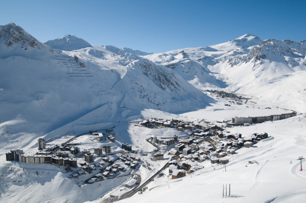Tignes Val Claret in winter seen from the slopes of Grande Motte